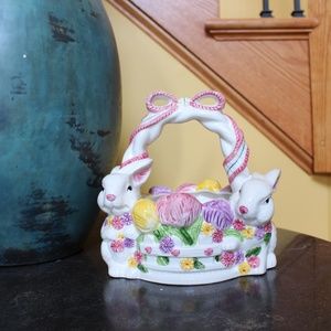 Ceramic Easter Basket with white picket fence flowers and bunnies